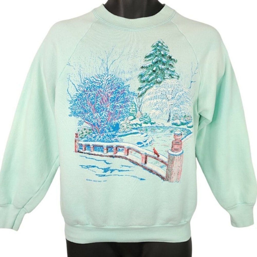 Snowy Landscape Sweatshirt Vintage 90s Granny Core Made In Usa Mens Size Small